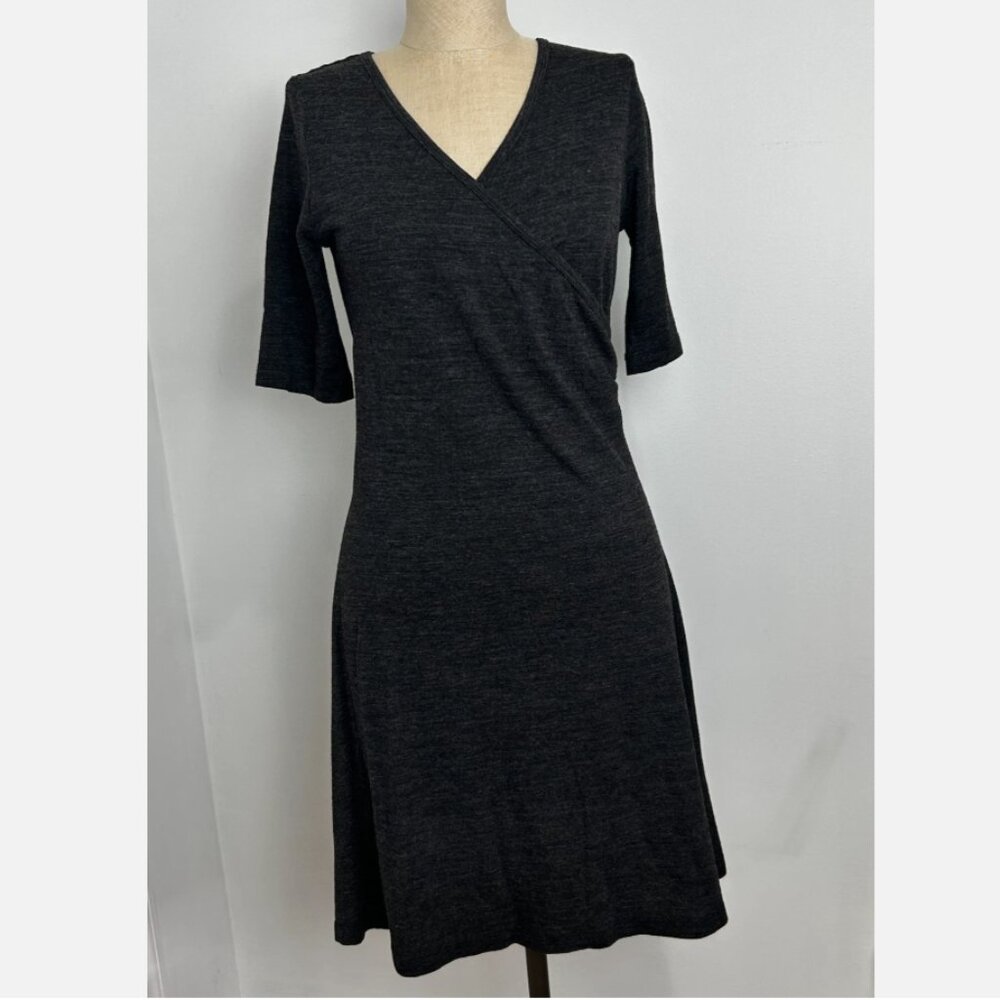 prAna Nadia Faux Wrap Dress Charcoal Gray 3/4 Sleeve Wool Blend